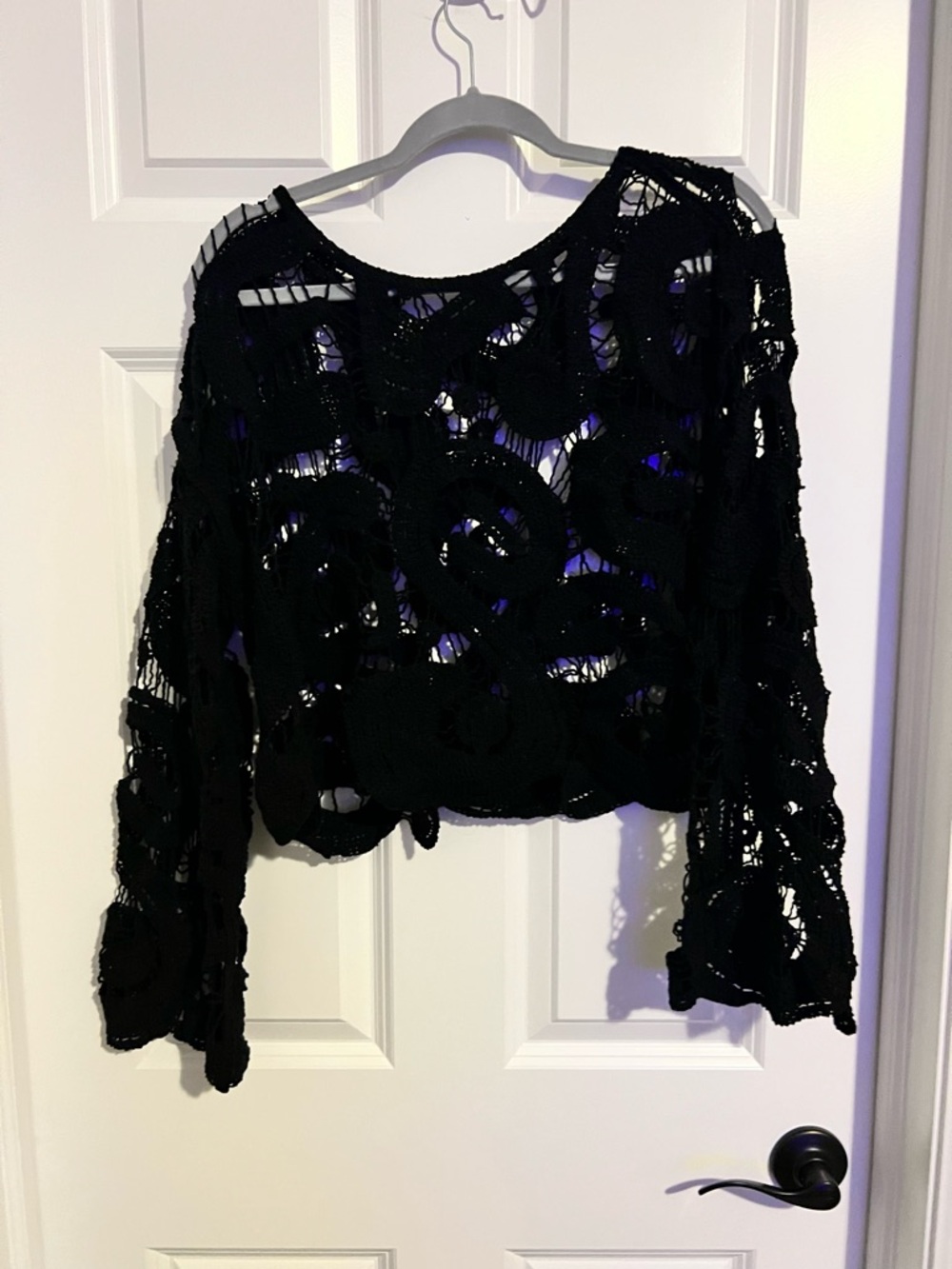 Black Crochet Open-Knit Long-Sleeve Top — Women's